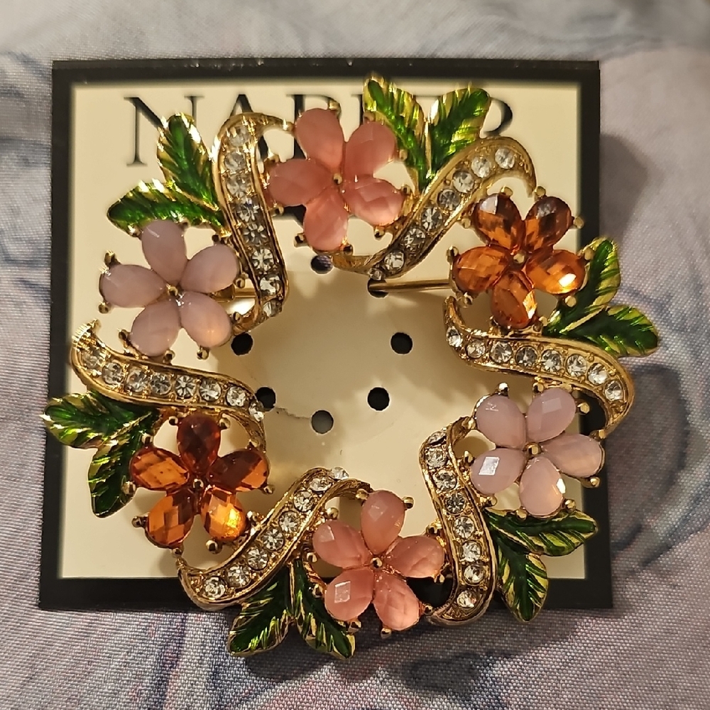 Napier Gold Floral Brooch with Pink and Brown Crystals